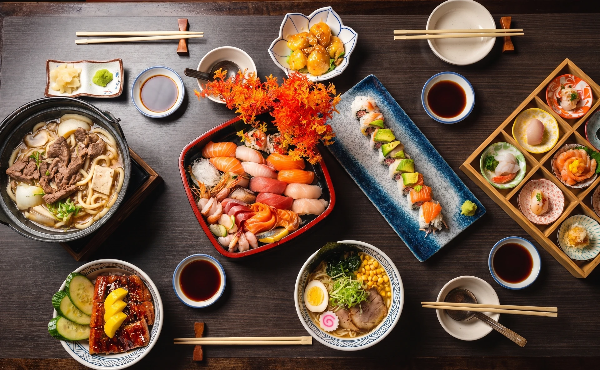 A spread of fresh sushi and Japanese dishes from the Kon'ya Japan menu in Calgary
