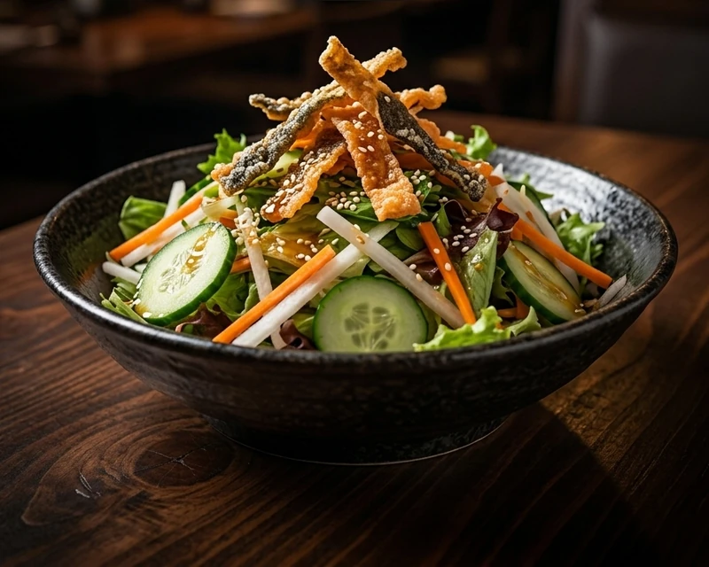 Salmon Skin Salad with crispy salmon skin and sesame at Kon'ya Japan, Calgary